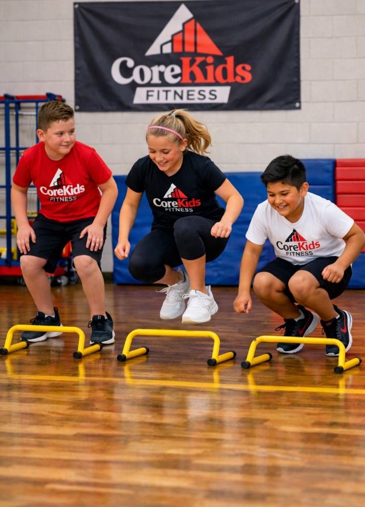 Three children in CoreKids Fitness tops jumping over yellow mini hurdles in a school sports hall