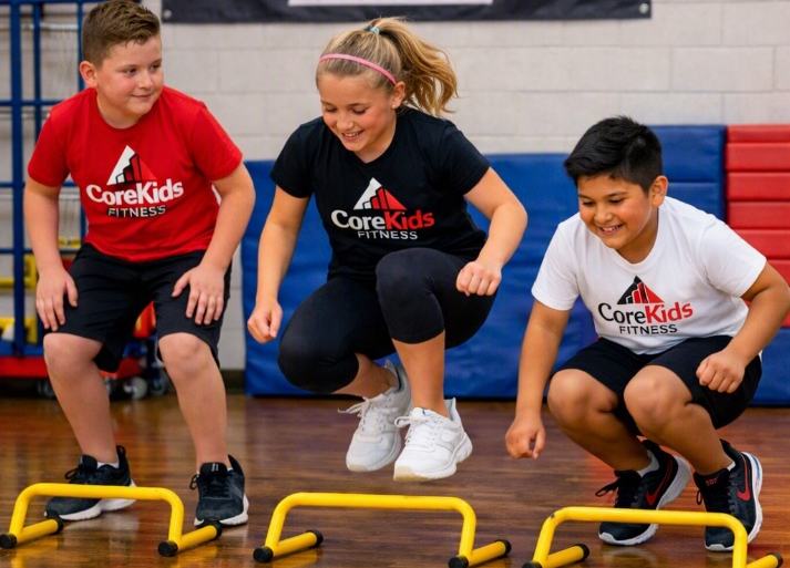 Children jumping over mini hurdles during a CoreKids movement drill